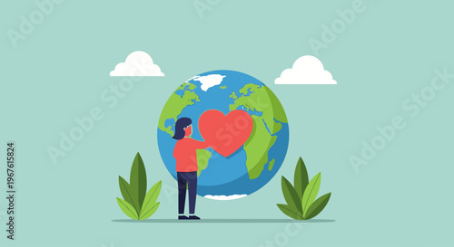 Illustration of a person holding a red heart in front of a globe with green leaves and clouds on a teal background.