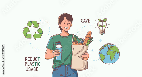 Illustration of a man holding a reusable bag and bottle with eco-friendly icons around him on a white background.