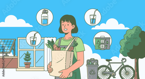 A young woman holding a reusable bag with groceries and surrounded by eco-friendly icons and a bicycle against a blue sky with clouds.