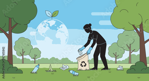 A person in a black outfit and blue gloves putting recyclable materials into a recycling bin in a park with trees and a green landscape under a blue sky with a globe.