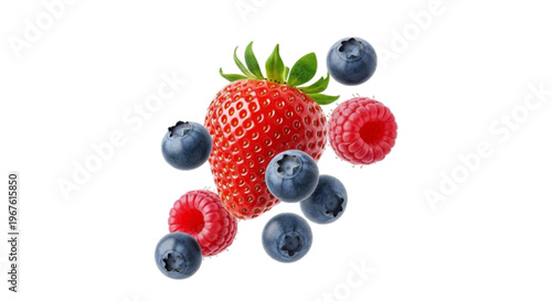 Fresh strawberry, raspberries and blueberries on a transparent background