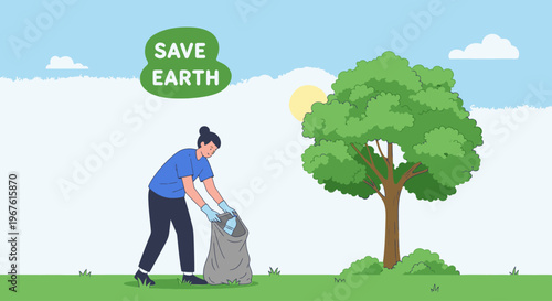 A person picking up trash in a green field with a tree and blue sky background, holding a garbage bag and wearing a blue shirt.