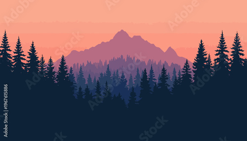 A tranquil forest scene with layered trees and a mountain against a soft sunset sky. The artwork is minimalist, creating a sense of calm and solitude