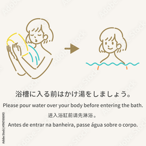 入浴マナー かけ湯の案内 多言語イラスト 温泉 銭湯 Bathhouse Etiquette Pour hot water over yourself before bathing multilingual illustration Onsen Sento