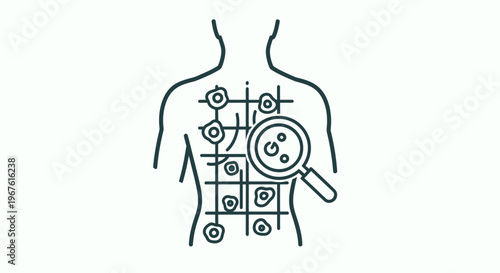 Dermatology skin check: magnifying glass over body grid with moles, cancer screening concept