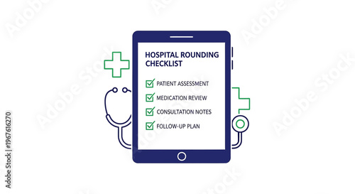 Digital Hospital Rounding Checklist on Tablet with Stethoscope and Crosses