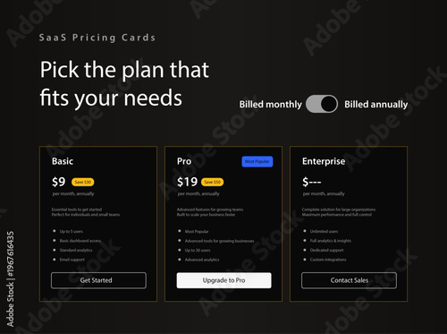 SaaS Pricing Plan Table UI Kit - Dark Mode. Premium dark theme vector illustration of subscription tier cards including Basic, Pro, and Enterprise options with professional gold and blue accents.