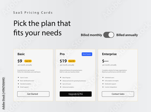 SaaS Pricing Plan Table UI Kit - Light Mode. Editable vector illustration of three-tier pricing cards (Basic, Pro, Enterprise) with monthly/annual toggle for software and web subscription design.