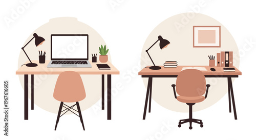 Minimalist workspace illustration featuring two desks and office supplies