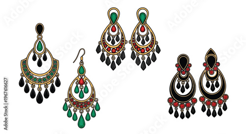 Colorful illustration of ornate dangling earrings with gemstone details