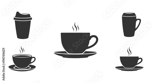 A collection of black silhouette coffee and tea cups with steam