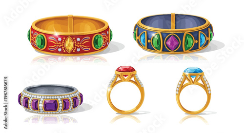 Illustrative rendering of ornate gold bracelets and gemstone rings