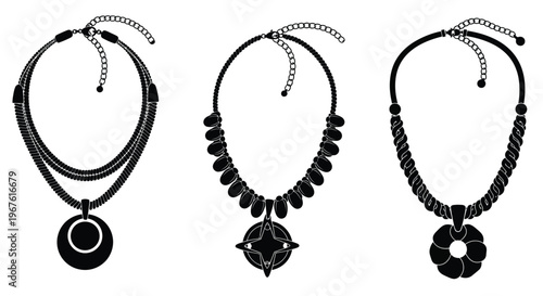 Three black silhouette necklaces with varied pendant designs are displayed