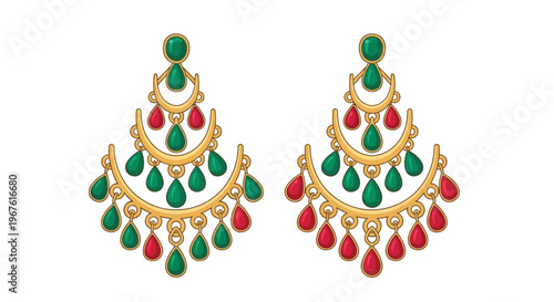 A pair of ornate golden earrings adorned with red and green gemstones