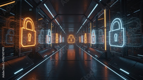 A futuristic corridor features glowing padlock symbols, emphasizing security and technology in a high-tech environment.