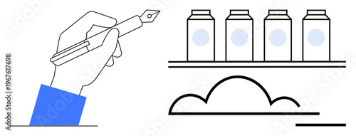 Writing, creativity tools, art supplies, cloud services, productivity, innovation. A hand holding a pen near ink bottles and cloud icon. Writing creativity and art supplies