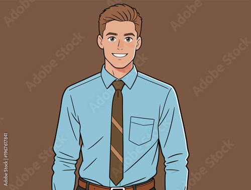 Man standing in a blue shirt with a tie and brown background, smiling and looking approachable in a casual work setting