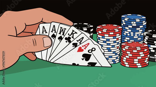 Player holds cards during poker game at a table with chips in a casino setting at night