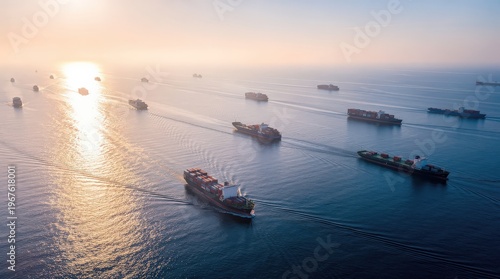 A serene view of multiple cargo ships navigating a sunlit ocean, creating a tranquil maritime scene.