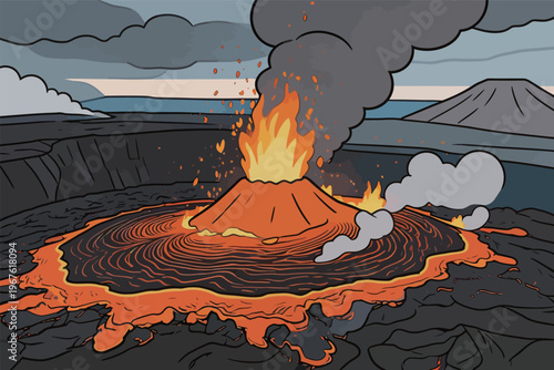 Volcano erupts with lava flow and smoke during daytime near the ocean in a volcanic landscape scene