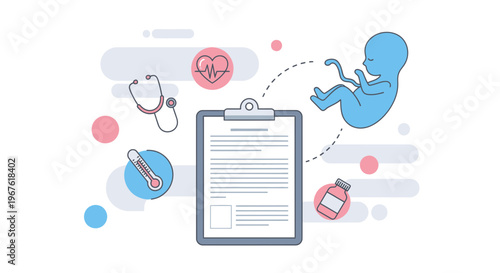 Fetus development, medical checkup, pregnancy, health, and science concept illustration