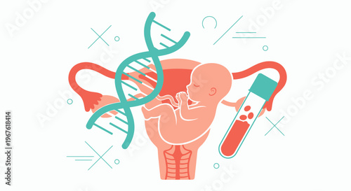Fetus in Uterus with DNA Helix and Blood Test Tube: Genetic Research and Pregnancy