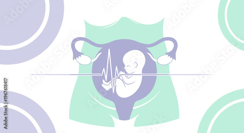 Fetus in uterus with heartbeat line, pregnancy, conception, medical illustration