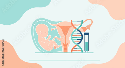 Fetus in womb with DNA helix and test tube, symbolizing genetics and reproduction