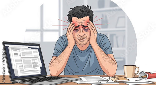 Burnout and overwork concept: Man with dark circles under eyes holding head in pain.