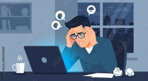 Stressed businessman or freelancer working late at night in front of a laptop, feeling overwhelmed and exhausted.