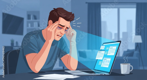 Exhausted man suffering from eye strain and headache while working late on laptop at night. Digital eye strain, overwork, and burnout concept vector illustration.
