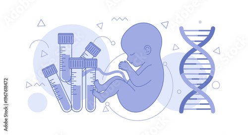 Fetus, DNA helix, and test tubes: genetic research and prenatal diagnostics concept