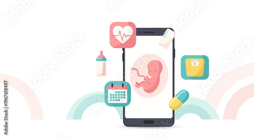 Pregnancy App on Smartphone with Fetus Icon and Health Icons