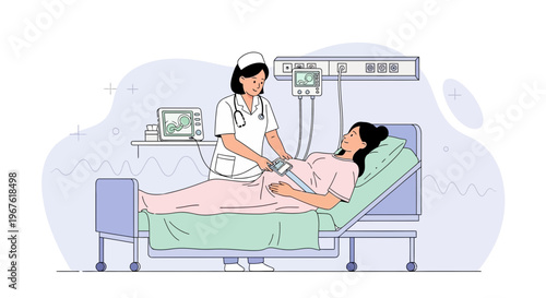 Nurse checks patient's vital signs in hospital room with medical equipment