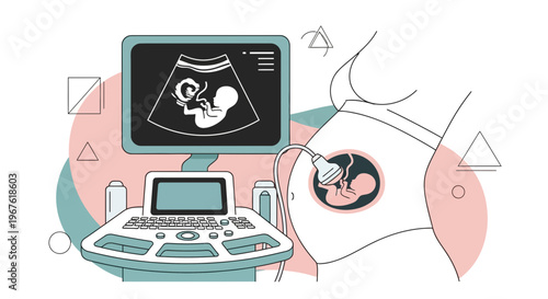 Pregnancy ultrasound showing fetus, medical equipment, and pregnant belly
