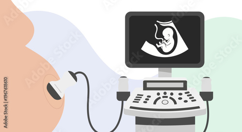 Pregnancy ultrasound showing fetus, medical equipment, and pregnant belly