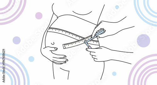 Pregnant belly measurement with tape measure, healthcare checkup, expecting mother's body