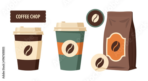 Minimalist Takeaway Coffee Cup Vector Illustration with Coffee Bean Logo – Modern Flat Design for Cafe Branding