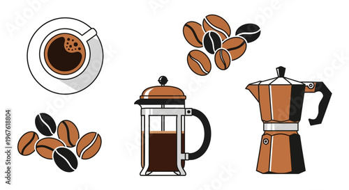 Coffee Outline Vector Set – Cup, Coffee Beans, French Press and Moka Pot Modern Flat Design Illustration