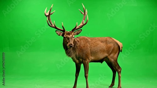 Red deer stag standing in profile isolated on green screen background for easy compositing wildlife animal portrait with large