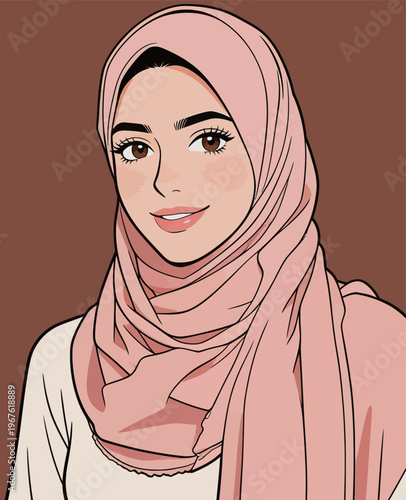 Young woman wearing a pink hijab smiles while looking toward the viewer in a simple background at a casual setting