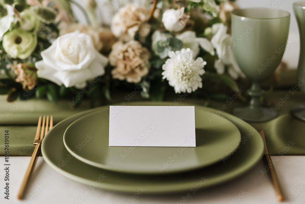 Obraz premium Blank place card on elegant table setting with green plates and floral arrangement