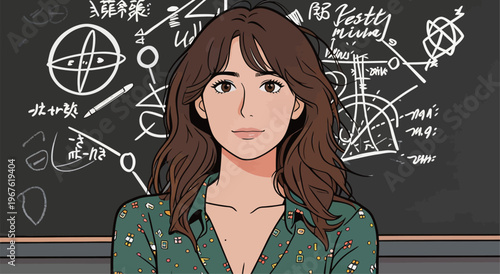 Young woman stands in front of blackboard filled with drawings and notes during a classroom setting in a school