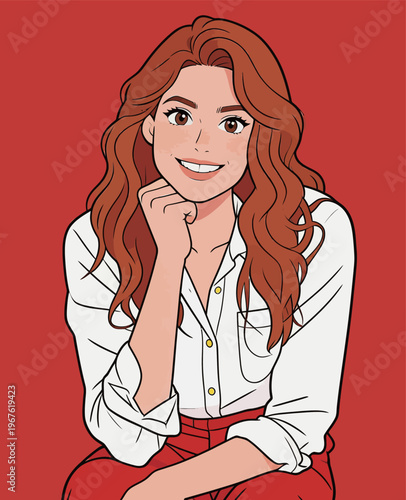 Woman sitting with a smile and hand on chin in front of a red background while wearing a white shirt and red pants