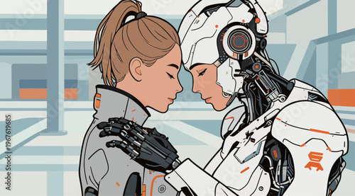 Two figures connect in an art scene with a human and a robot in a futuristic setting in a studio