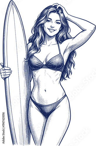 Surfer woman sketch. Surf beach girl with surfboard. Summer Mediterranean sea illustration. Vector surfer woman in swimwear holding surf board. Transparent background EPS version.