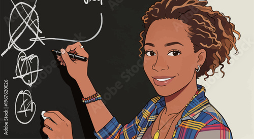 Teacher draws on blackboard during class in a classroom setting