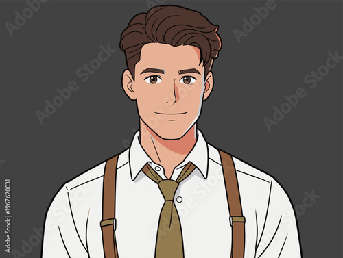 Young man with brown hair wearing a white shirt, tie, and suspenders poses against a dark background in a simple setting