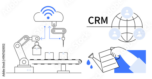 Industrial automation, CRM systems, digitalization, IoT optimization, supply chain, and global connections. Robotic arm connected to cloud and watering hand. Industrial automation and CRM systems