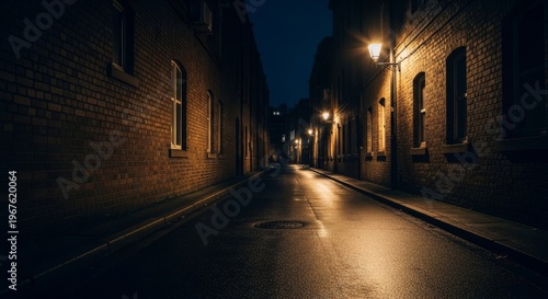 Dim street lamps illuminate a quiet urban alleyway at night. Long shadows stretch across damp pavement reflecting soft yellow glowing light, peaceful, late, yellow